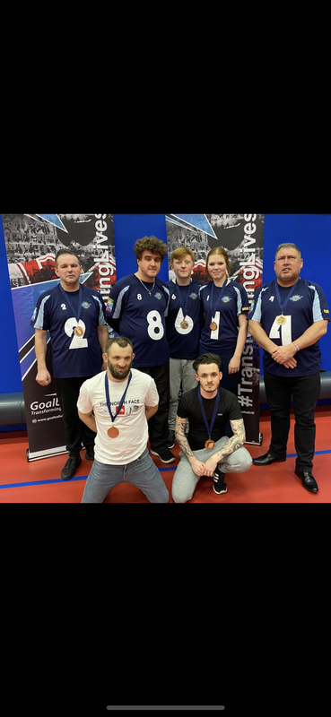 Picture shows Mersey Sharks Goalball players with their medals at the Novice  Shield